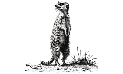 Antique Engraving of Meerkat Standing Tall, Vintage African Wildlife Illustration, Black Sketch of Mammal, Retro Nature Etching, Rustic Animal Print Art, Monochrome, Trendy Vintage Print