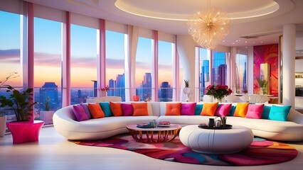 A radiant luxury penthouse glowing with vibrant custom-designed furniture, Cinematic theme, HDR, Vibrant 