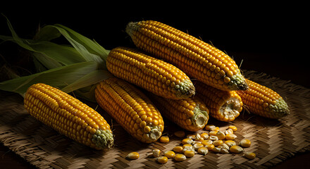 Golden Corn Cobs and Kernels on Woven Mat with Green Leaves