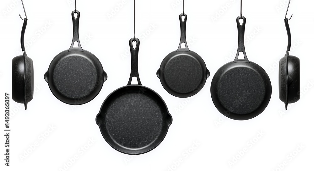 Poster various frying pans hanging from hooks on white background in studio lighting with dark speckled int