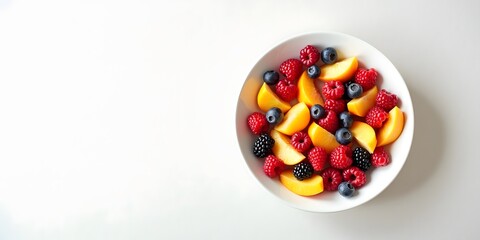 A Colorful Medley of Summer Fruits: A vibrant and enticing medley of fresh summer fruits, meticulously arranged in a pristine white bowl, offering a glimpse of health, refreshment.