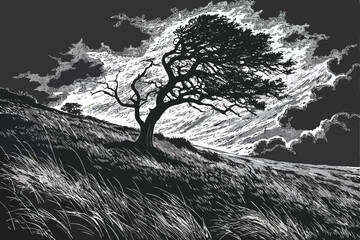 62 a dramatic black and white landscape, a lone tree standing on a windswept hill, dramatic flowing grass and sky, cinematic lighting, highly detailed, intricate, atmospheric, moody, dramatic, landsca