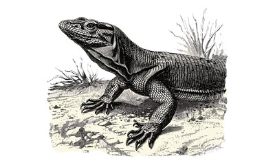 Antique Engraving of Monitor Lizard Crawling, Hand-drawn Jungle Reptile Sketch, Retro Etching of Wildlife, Monochrome Lines, Vintage Nature Illustration, Black Sketch, Trendy