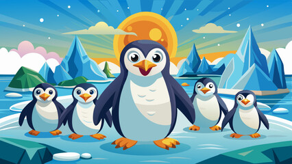 Obraz premium Happy cartoon penguins standing on icy landscape with glaciers and bright sun in vibrant arctic scene