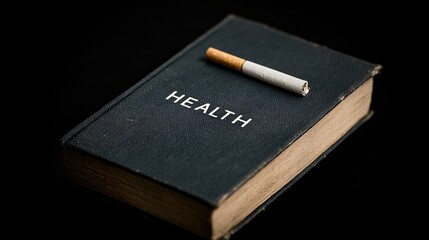 Obraz premium Anti-smoking message cigarette pressed under health book dark background conceptual photography