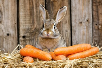 Cute brown rabbit sitting on straw with fresh orange carrots in front of wooden rustic background, showcasing a peaceful farm life scene with soft lighting