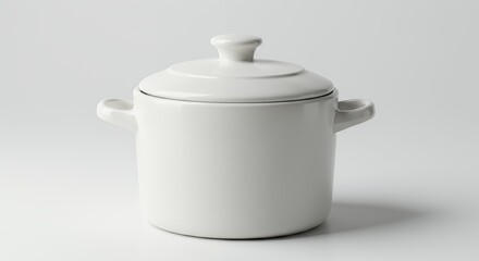 White Ceramic Pot with Handles and Fitted Lid Isolated on White Background