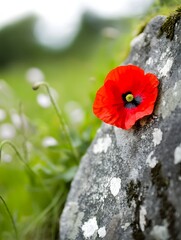 Obraz premium Single Red Poppy Flower on Grey Stone Nature Background Rock Wild Soft Bloom Petal Plant Image Macro