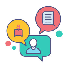 Educational discussion icons with speech bubbles against black backdrop