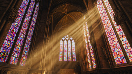 Sun Rays Streaming Through Stained Glass Windows in Interior