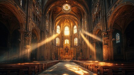 Fototapeta premium Grand cathedral interior, sunlight beams