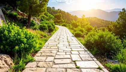 a beautiful stone pathway leading to a breathtaking landscape showcasing vibrant greenery and a clear blue sky with the sun shining brightly in the background