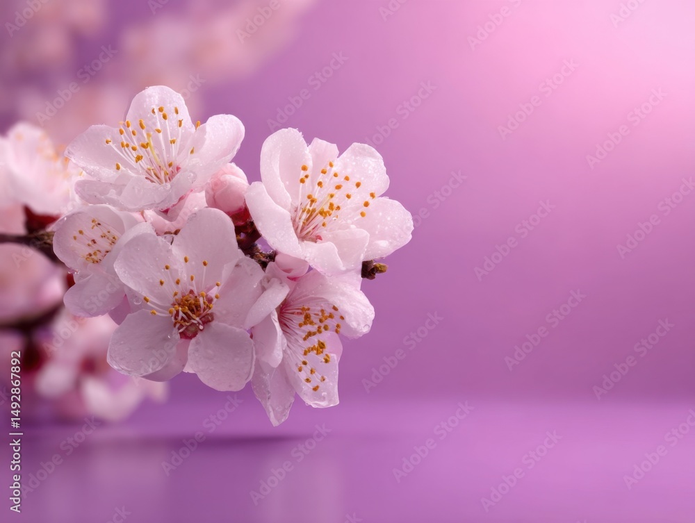 Poster delicate apricot blossoms blooming on branch in studio setting with soft pink background and reflect