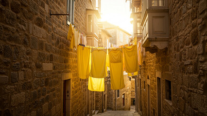 Clothes Drying on Line in Narrow Stone Street at Sunset