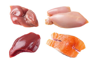 A top view of raw chicken breast liver beef and salmon fillet isolated against a black background on transparent background