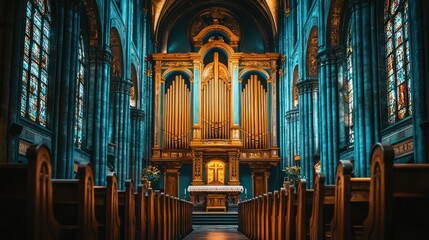 Grand church interior, deep teal walls, golden organ
