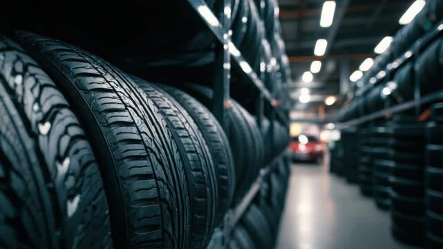 Automotive Tires in Storage: A visual ode to automotive engineering, a row of meticulously arranged tires, embodying reliability and safety, ready to embrace any journey.