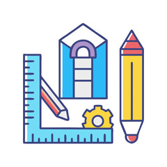 Blueprint and engineering tools illustration on solid background