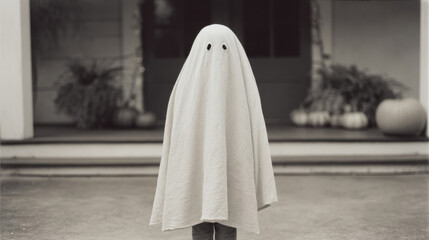 A whimsical child in ghostly garb, evoking Halloween's eerie charm and All Hallows' Eve spectral nostalgia