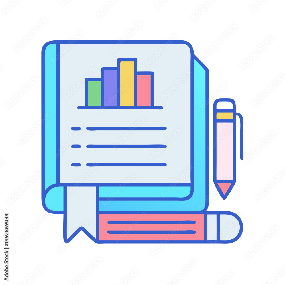 Poster report with bar graph and writing utensils in flat design