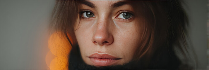 A contemplative European woman's gaze evokes winter solstice introspection, subtly accented by aurora-like light flares