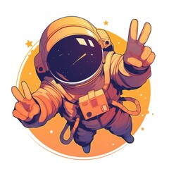 Colorful illustration of an astronaut in space making peace signs.