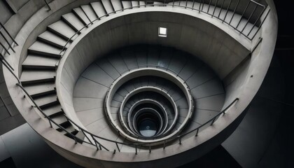 Spiral staircase architecture shows abstract circular steps in the old building interior