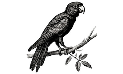Vintage Ornithology Etching, Antique Engraving of Parrot on Branch, Retro Wildlife Print, Black Sketch, Detailed Nature Illustration, Monochrome Bird Line Art, Rustic Fauna Drawing
