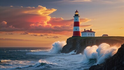 A majestic lighthouse stands tall against a dramatic sunset, as powerful waves crash against the rocky cliffs. A breathtaking scene of nature's power and beauty.