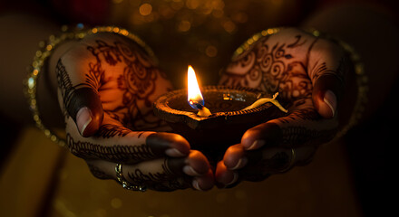 Glowing Oil Lamp Held in Hands Adorned with Henna Designs
