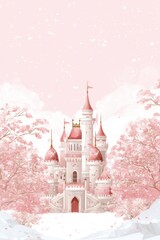 Obraz premium Pink fairytale castle in spring with cherry blossom trees digital art illustration fantasy landscape whimsical architecture