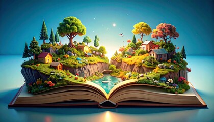 miniature fantasy landscapes inside open books