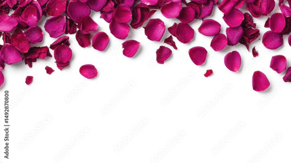 Poster top-down shot of scattered magenta rose petals creating a border on a white background with ample co