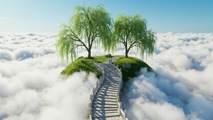 Walking Stone Path to Island Above Clouds with Trees