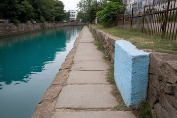 Obraz premium Tranquil azure canal flanked by weathered stones whispers secrets of serene solitude, perfect for urban kayaking or World Rivers Day
