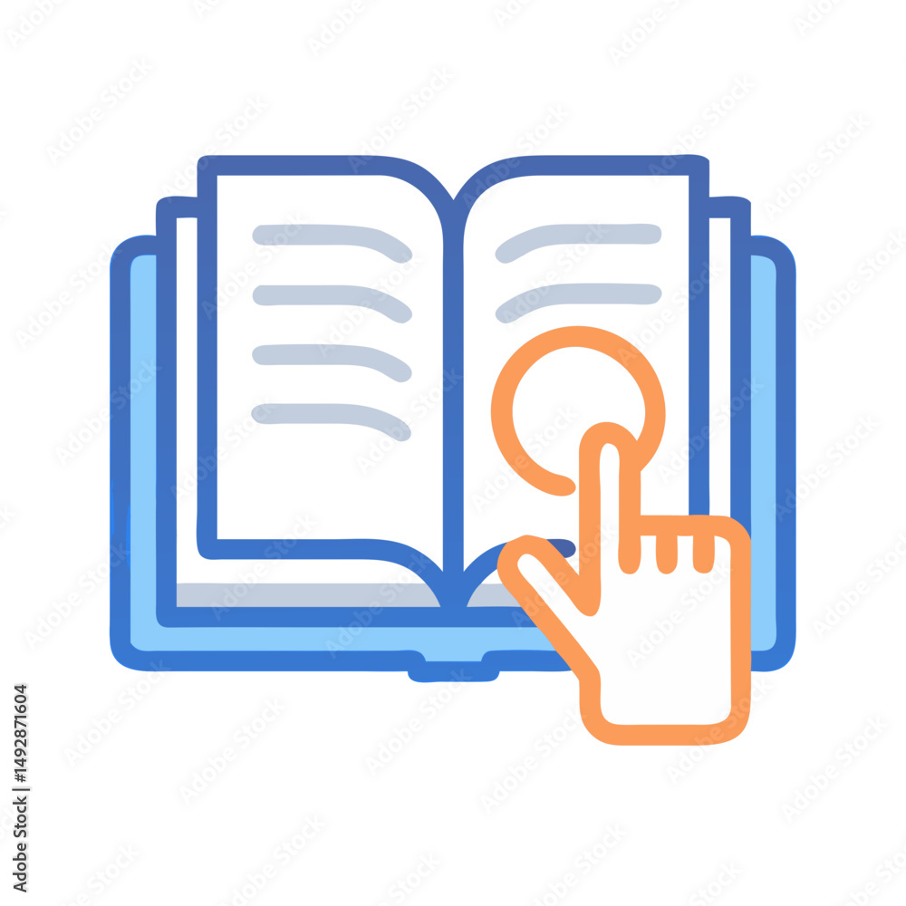 Poster e-learning icon with finger touching open book on device