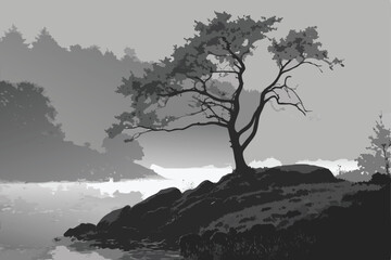 63 dramatic, moody, atmospheric, black and white, island, lone tree, rocky outcrop, mist, lake, tranquil, monochrome