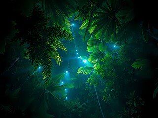 Fototapeta premium Illuminated jungle canopy creates a vibrant and mysterious tropical night background.