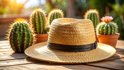 a straw hat with cacti and flowers on a wooden table