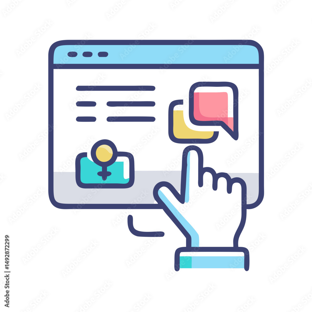 Poster finger pointing on the computer browsing website content online