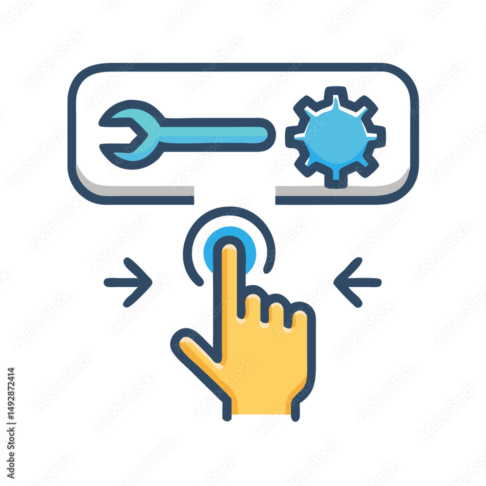 Poster hand touching settings icon for setup and configuration options