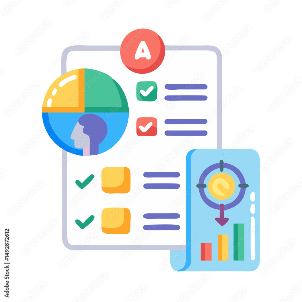 Poster flat illustration of business report and target analytics data
