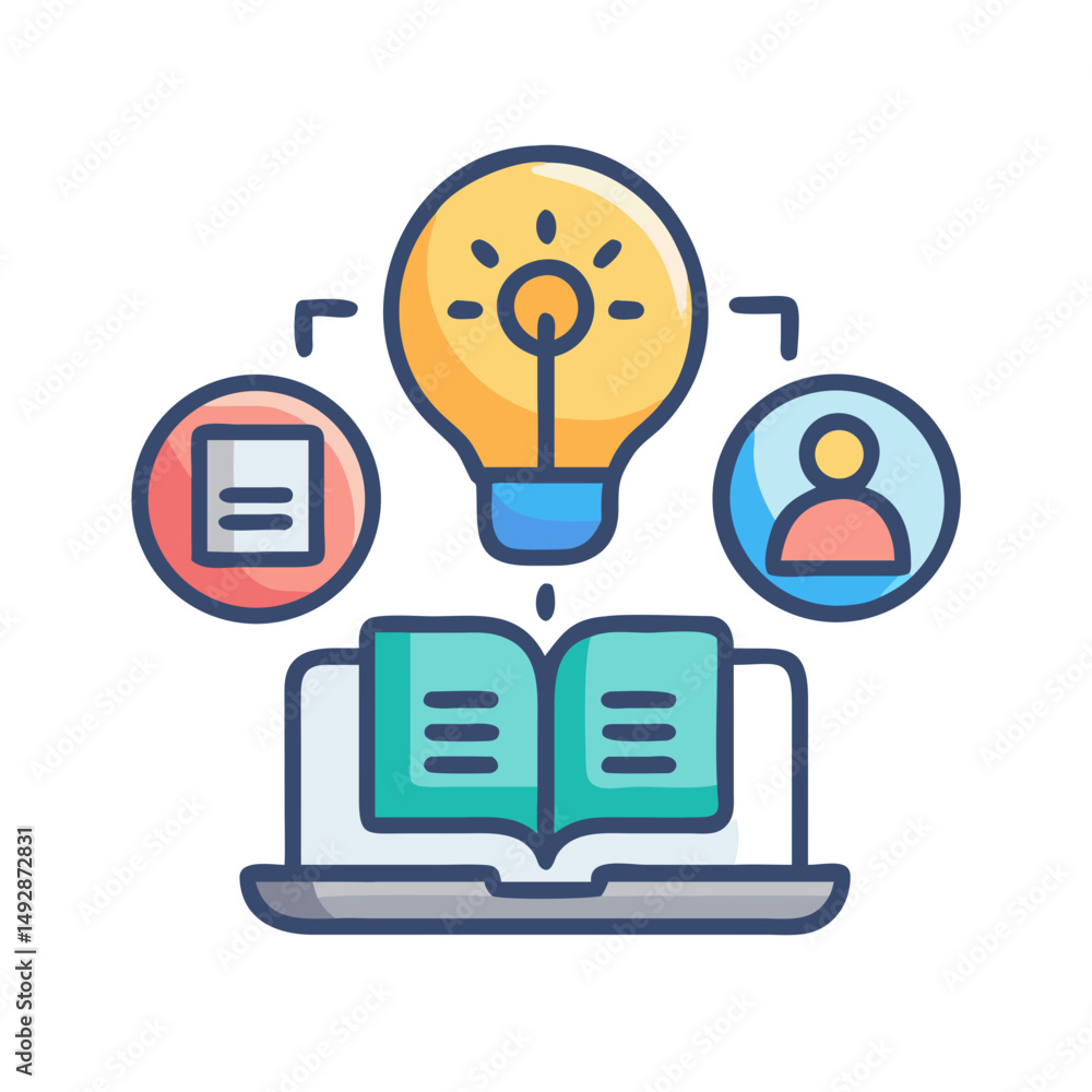 Poster learning platform illustration with interconnected knowledge elements and idea