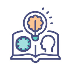 Open book with gear, head, and lightbulb concept idea