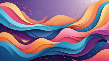 Abstract colorful wave shapes with layered curves and vibrant gradients on a soft background. Includes elements like floating leaves, splashes, and circular particles. Smooth, flowing design with shad