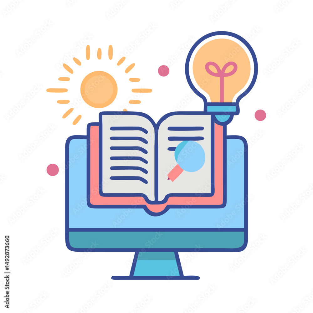Poster e-learning concept illustration with lightbulb and computer screen