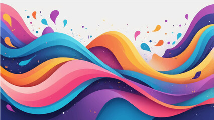 Abstract colorful wave shapes with layered curves and vibrant gradients on a soft background. Includes elements like floating leaves, splashes, and circular particles. Smooth, flowing design with shad