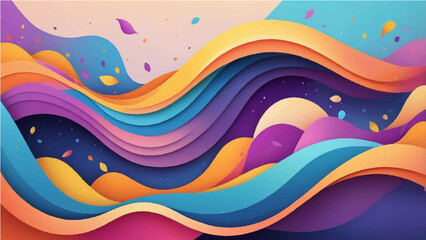 Abstract colorful wave shapes with layered curves and vibrant gradients on a soft background. Includes elements like floating leaves, splashes, and circular particles. Smooth, flowing design with shad