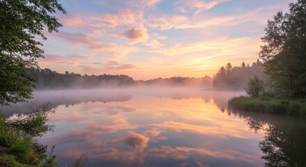 Fototapeta premium Serene Sunrise over Misty Lake with Reflections and Trees