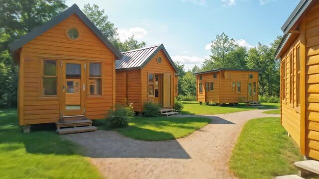 Exploring Tiny Homes on Green Lawn in Serene Natural Setting